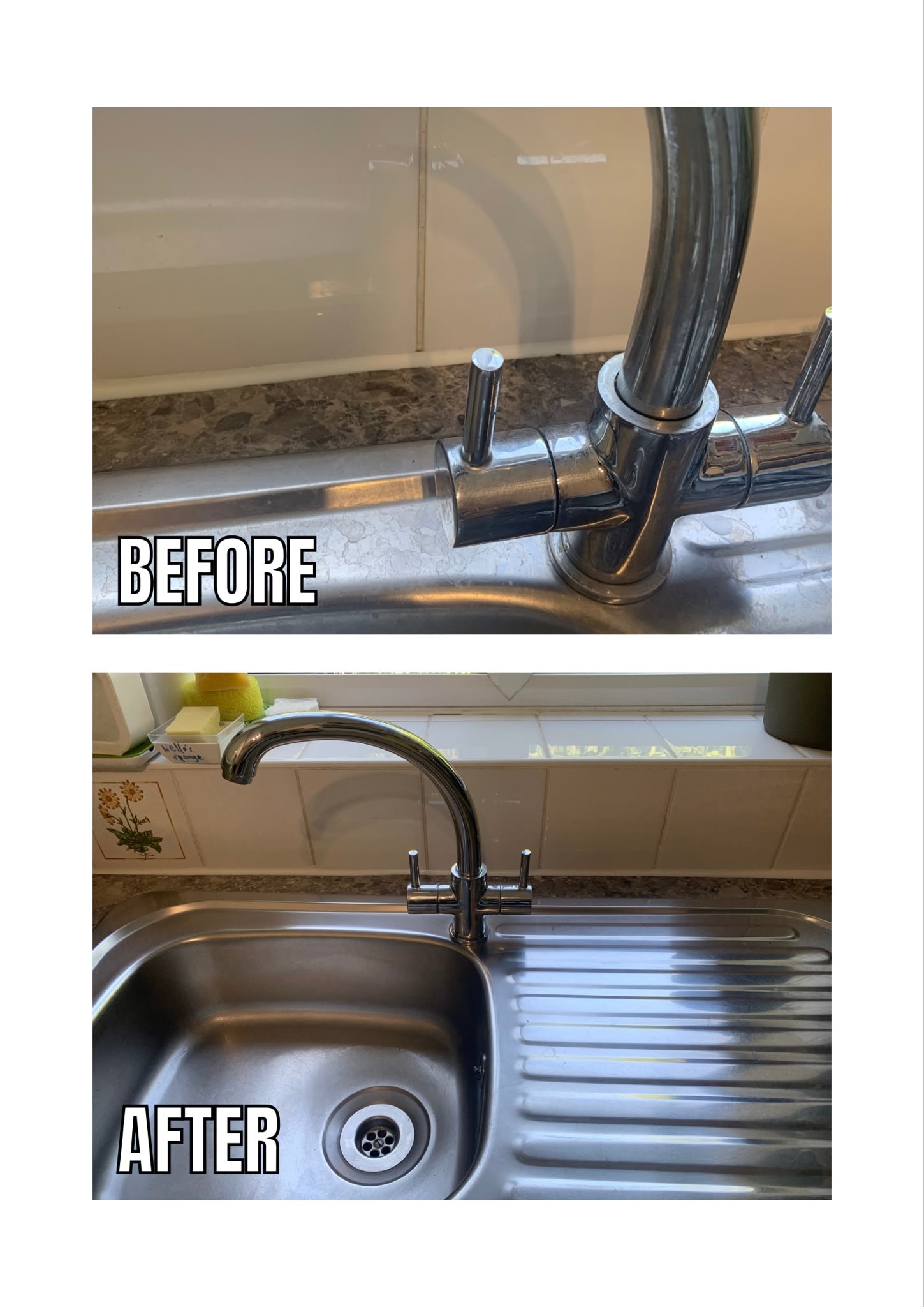 Kitchen sink before and after end of tenancy deep clean — sparkling result