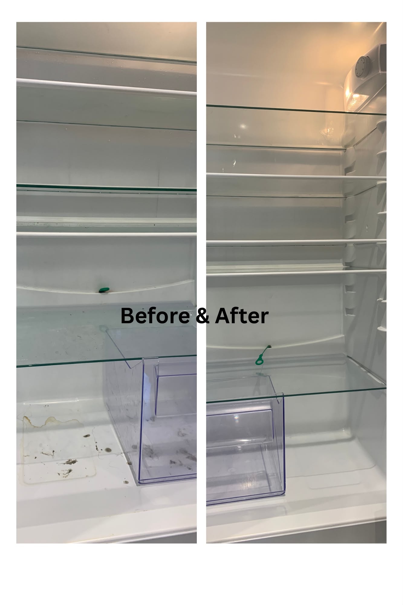 Fridge interior before and after professional deep clean — spotless shelves