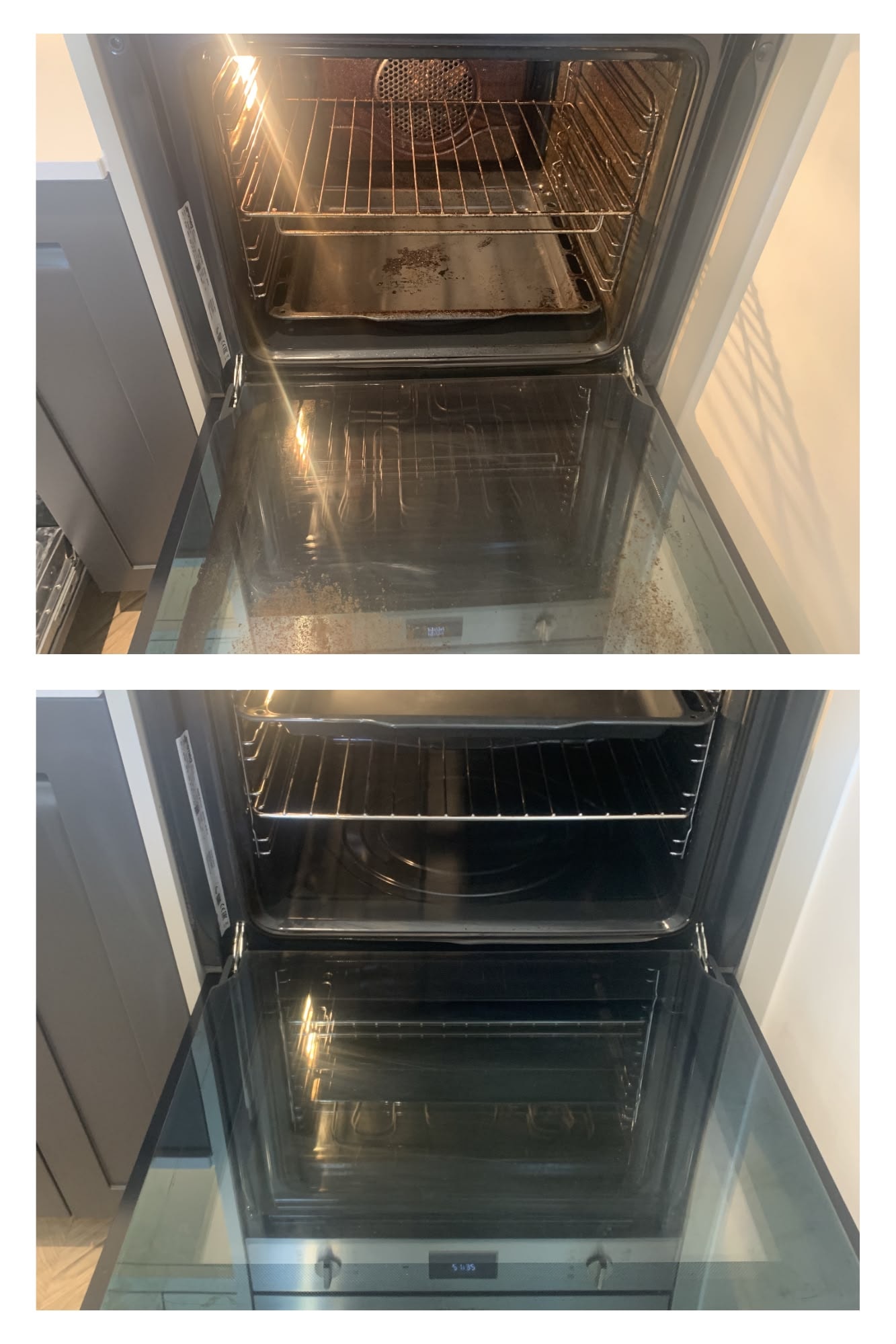 Oven interior before and after professional clean — grease fully removed