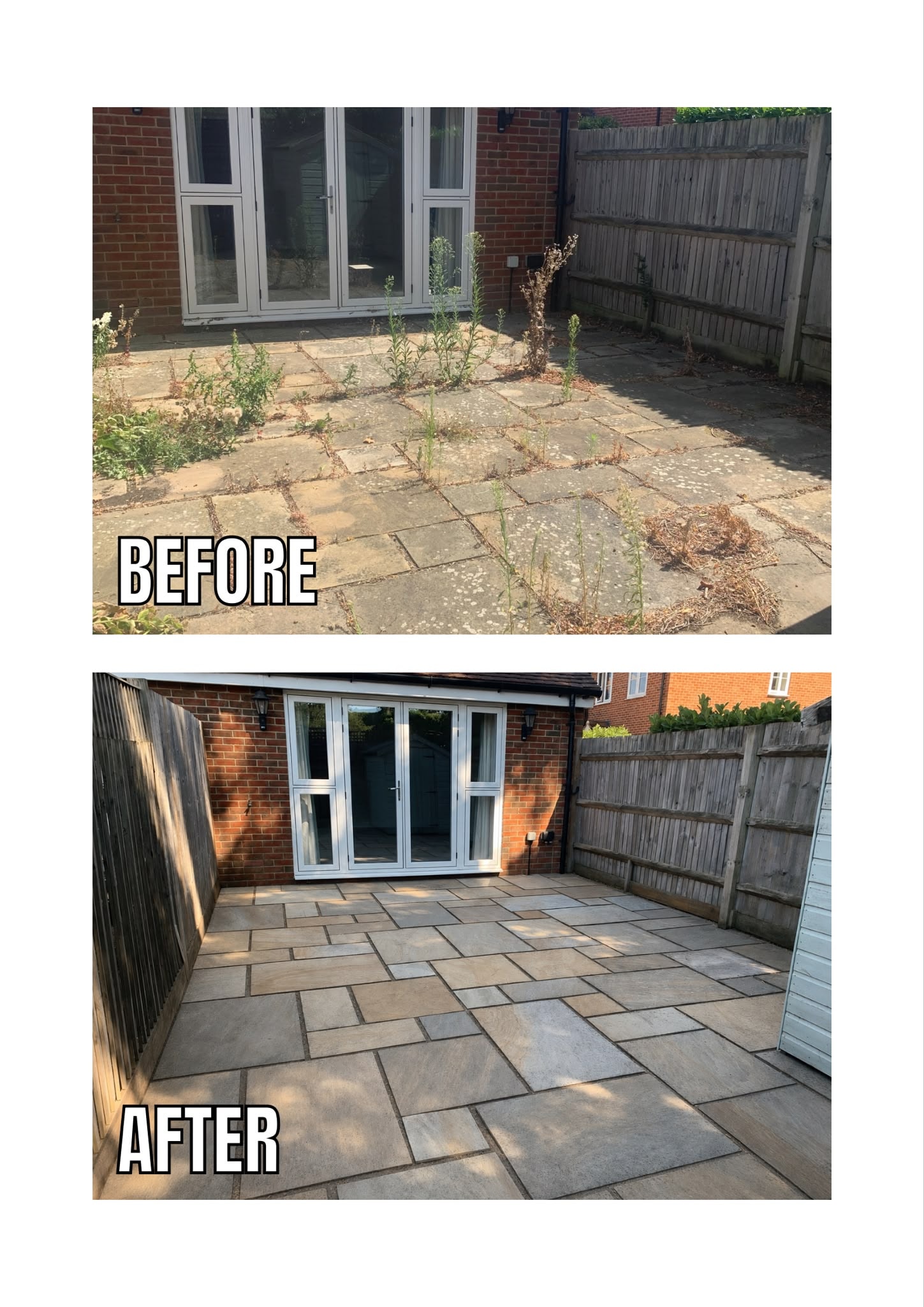 Patio before and after pressure washing — weeds removed, slabs fully restored