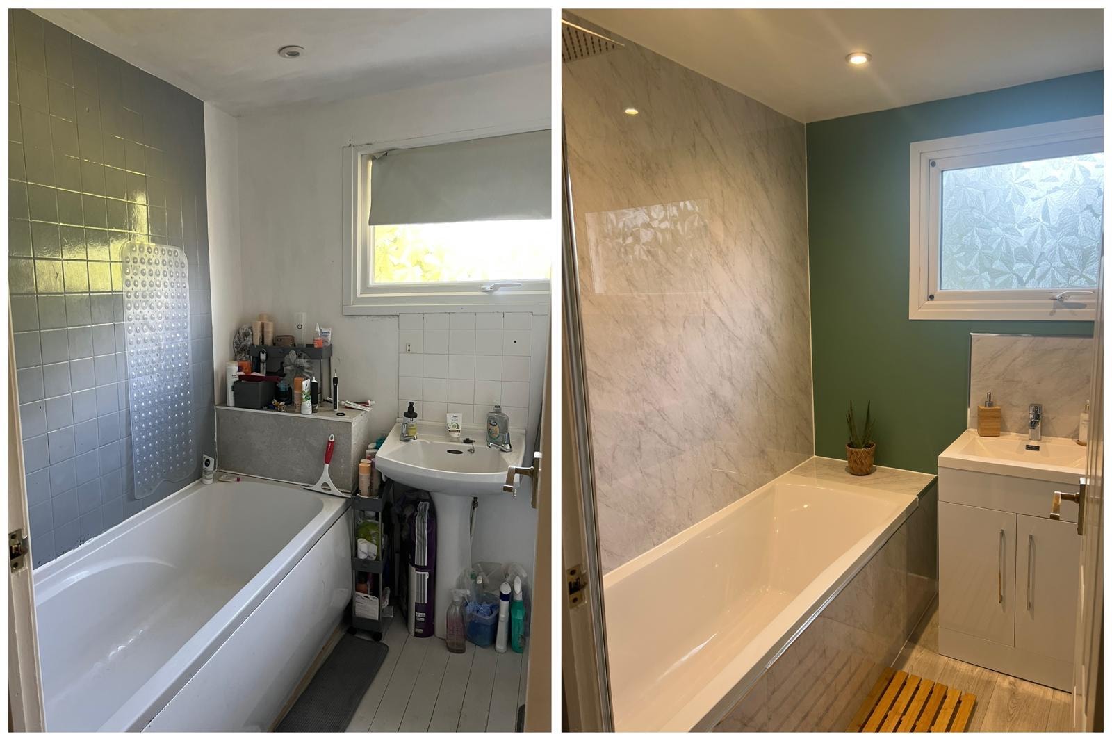 Bathroom before and after renovation — marble tiles, new bath and vanity unit installed