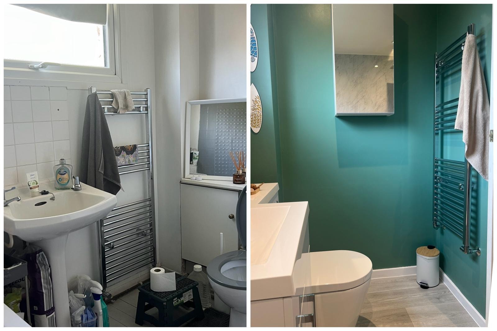 Bathroom before and after renovation — teal feature wall, new suite and heated towel rail