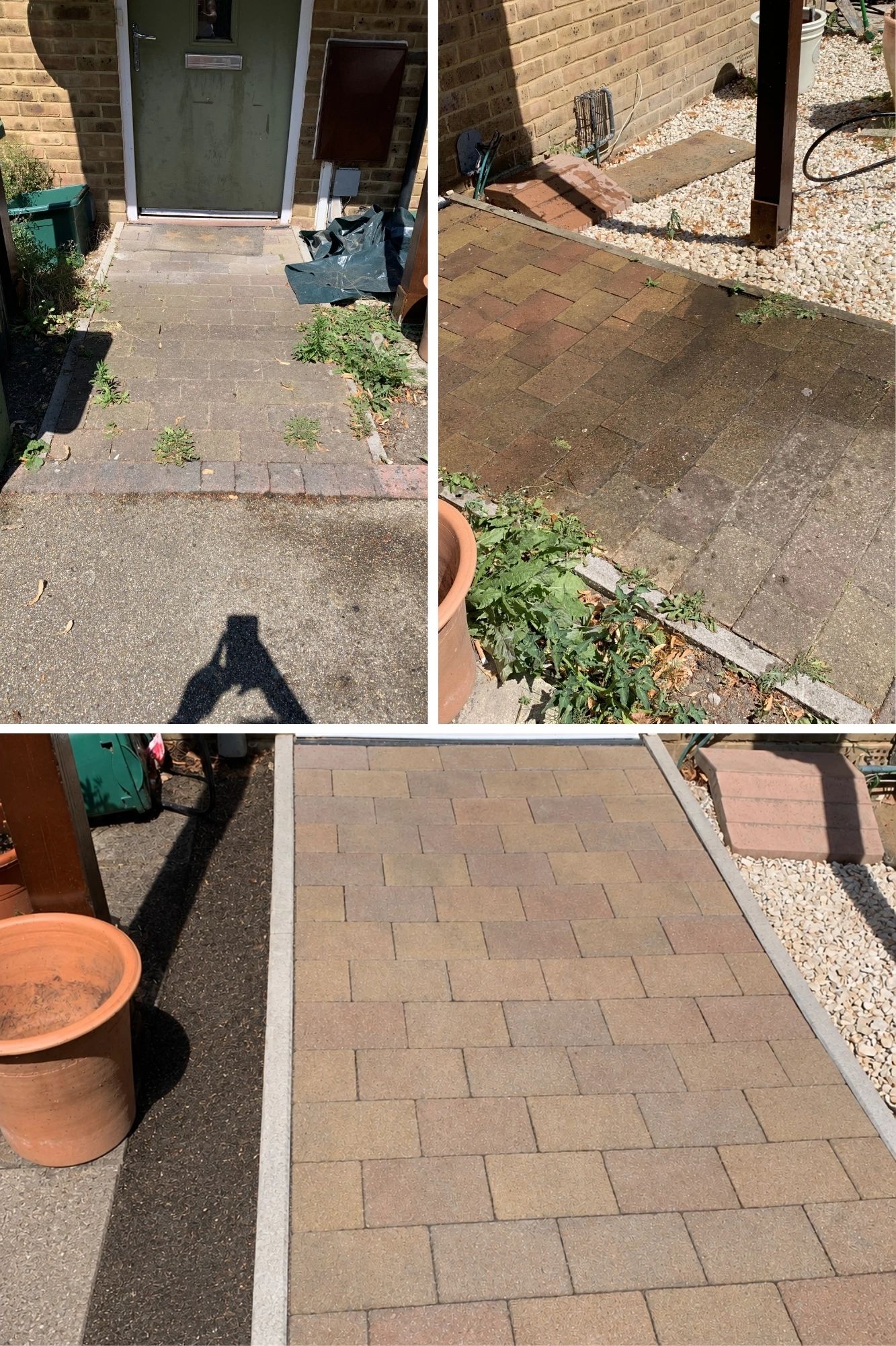 Patio courtyard before and after cleaning — weeds removed, pavers restored