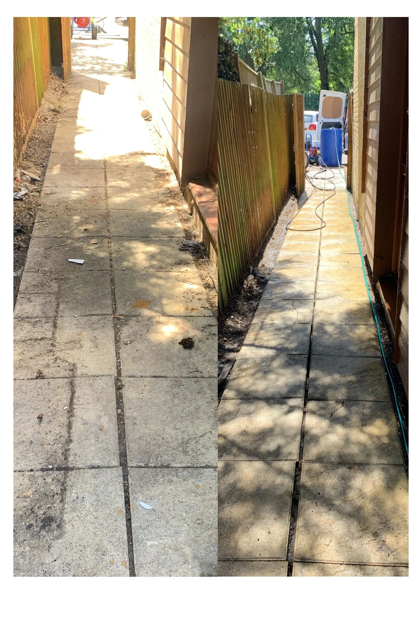 Narrow alleyway before and after professional cleaning and restoration in Surrey